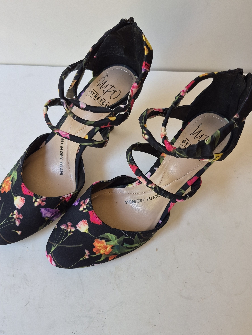 New Impo Women’s Black Floral Strappy Memory Foam Heels